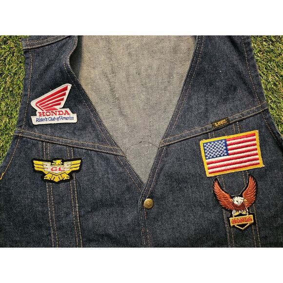 Vintage HONDA Gold Wing Denim Lee Vest Mens Large Riders Club Snap Patch - Picture 2 of 7
